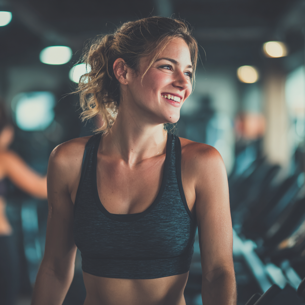 Professional fitness trainer in their 30s demonstrating proper exercise form to a smiling client, both of European appearance, modern gym environment with natural lighting