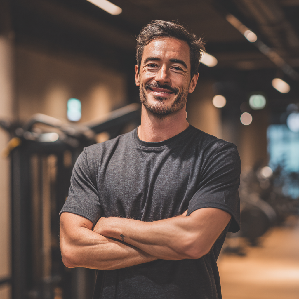 Relaxed person in their 30s doing light stretching or meditation after workout, European appearance, peaceful expression, calm environment with natural lighting